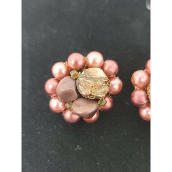 Vintage Clip On Japan Burgandy Brown Faux Pearl Bead Round Earring Set Gold Tone - Picture 11 of 12